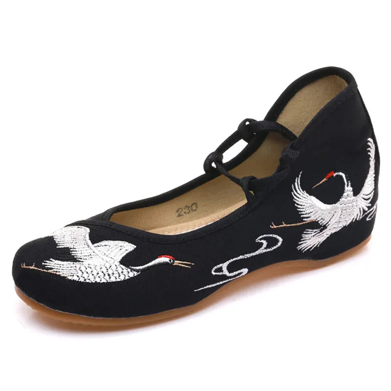 canvas shoes Veowalk Crane Embroidered Women Canvas Lace Strap Ballet Flats Ladies Comfortable Casual Cotton Fabric Shoes