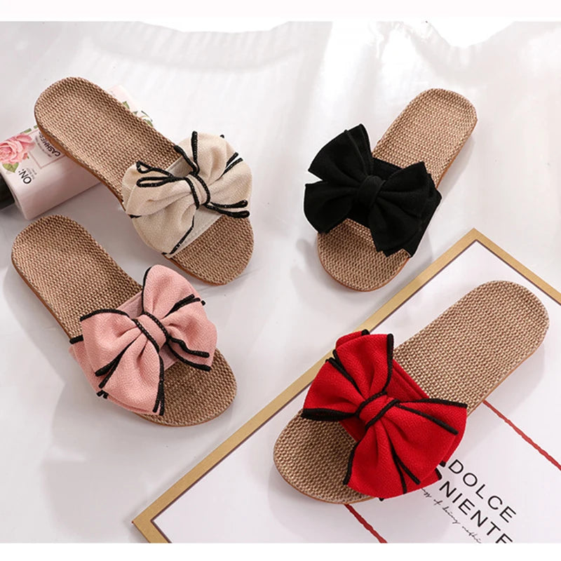 Flat Shoes Women Sneakers For Home Slippers Summer Bow-knot Soft Floor Woman Indoor Flats Shoes Cute Linen Slipper Terlik