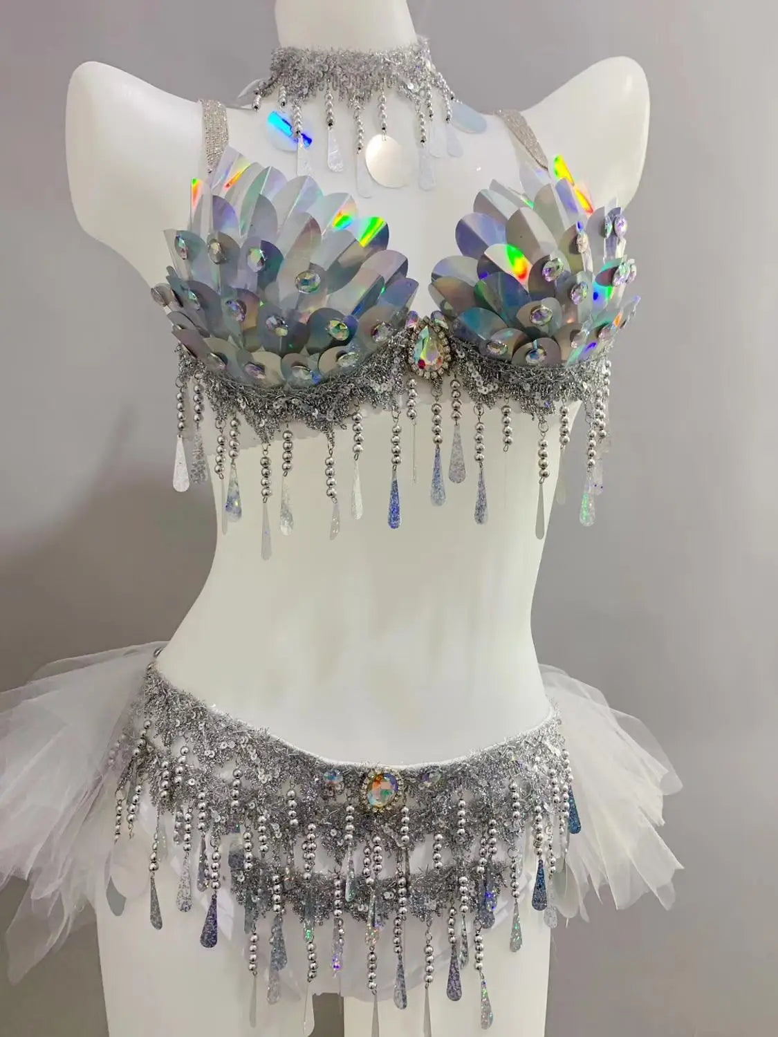 dancers  
Belly Dance Set Dancer Competition Stage Performance Silver Scale Sequins Bikini Rave Outfit Nightclub Bar Party Costume