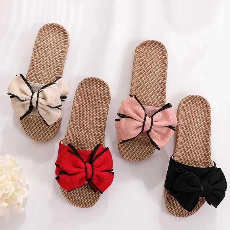 Flat Shoes Women Sneakers For Home Slippers Summer Bow-knot Soft Floor Woman Indoor Flats Shoes Cute Linen Slipper Terlik