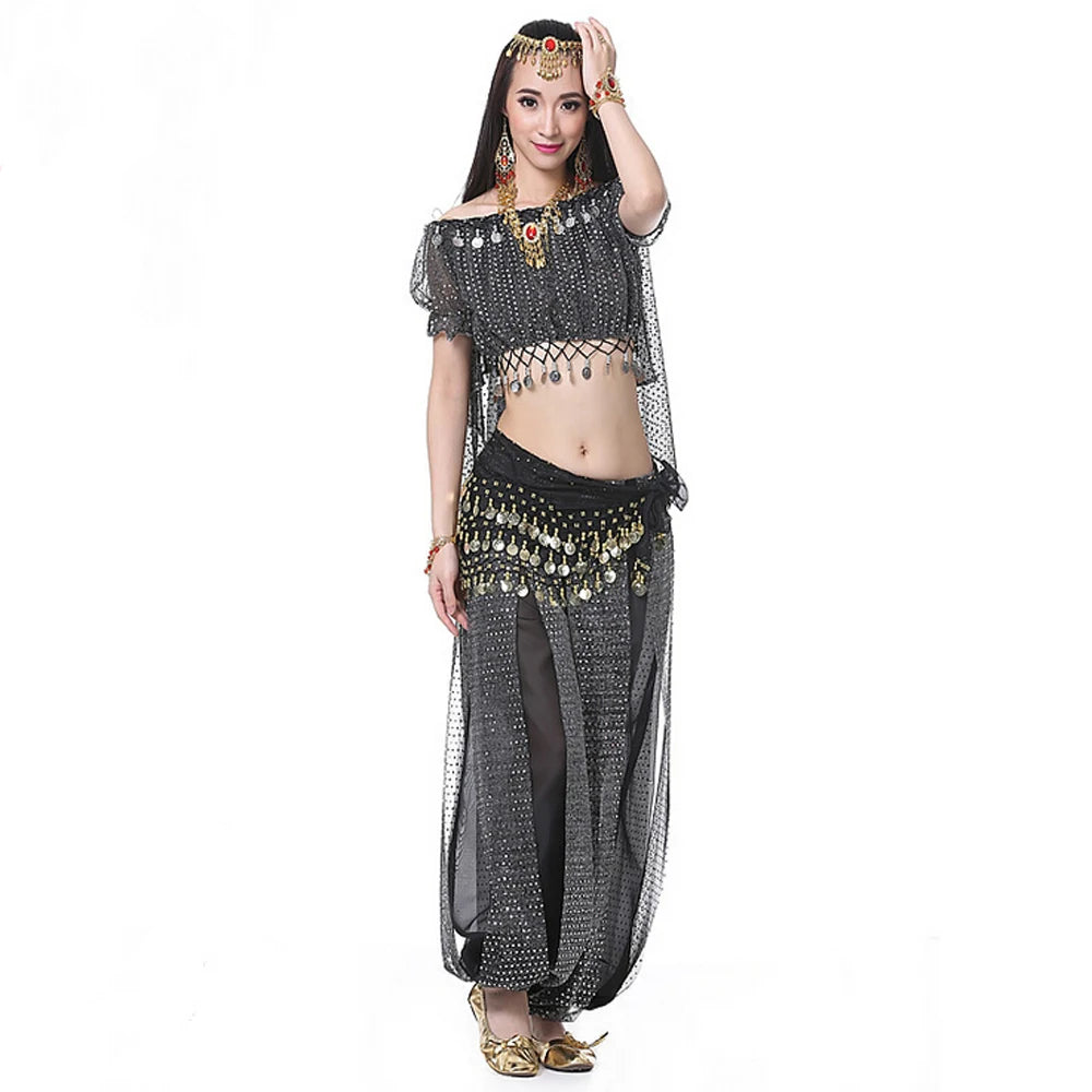 Exotic 
New Arrival indian dancing Costume with sequins Tops+Pants 2pcs sexy belly dance Suits sequins dress Clothes 13 colors available