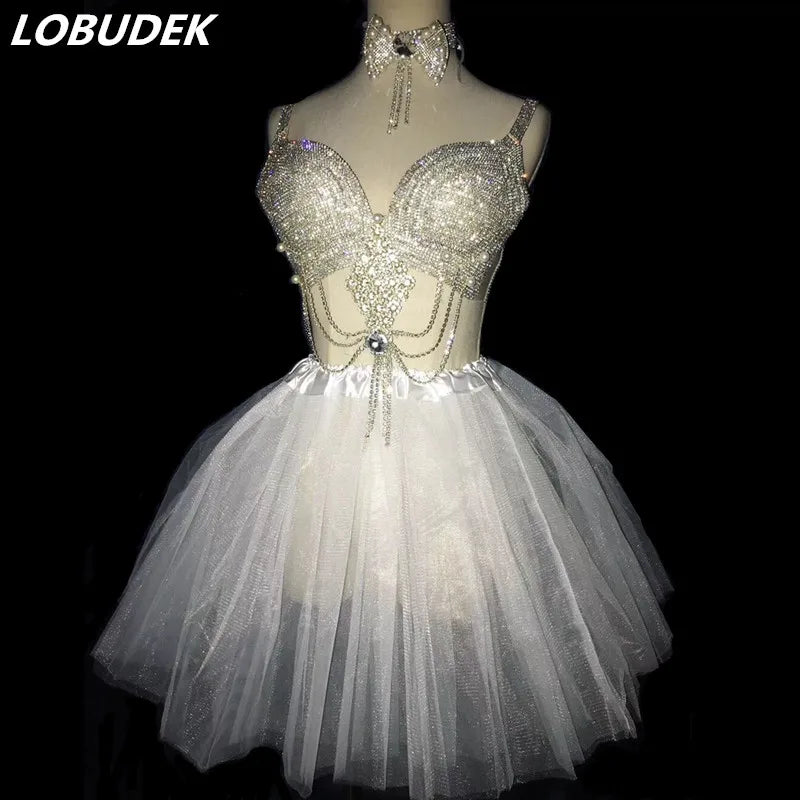 dancers  
White Tutu Skirt Diamond Bikini Dance Costume Nightclub Bar DJ Singer Dancer Modern Dance Party Rave Outfit Sexy Stage Wear