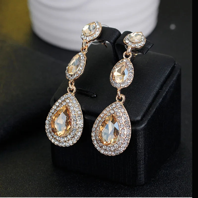 Earring  TREAZY Luxury Champagne Crystal Earrings Gold Color Jewelry Fashion Female Bricons Wedding Long Big Drop Earrings For Women