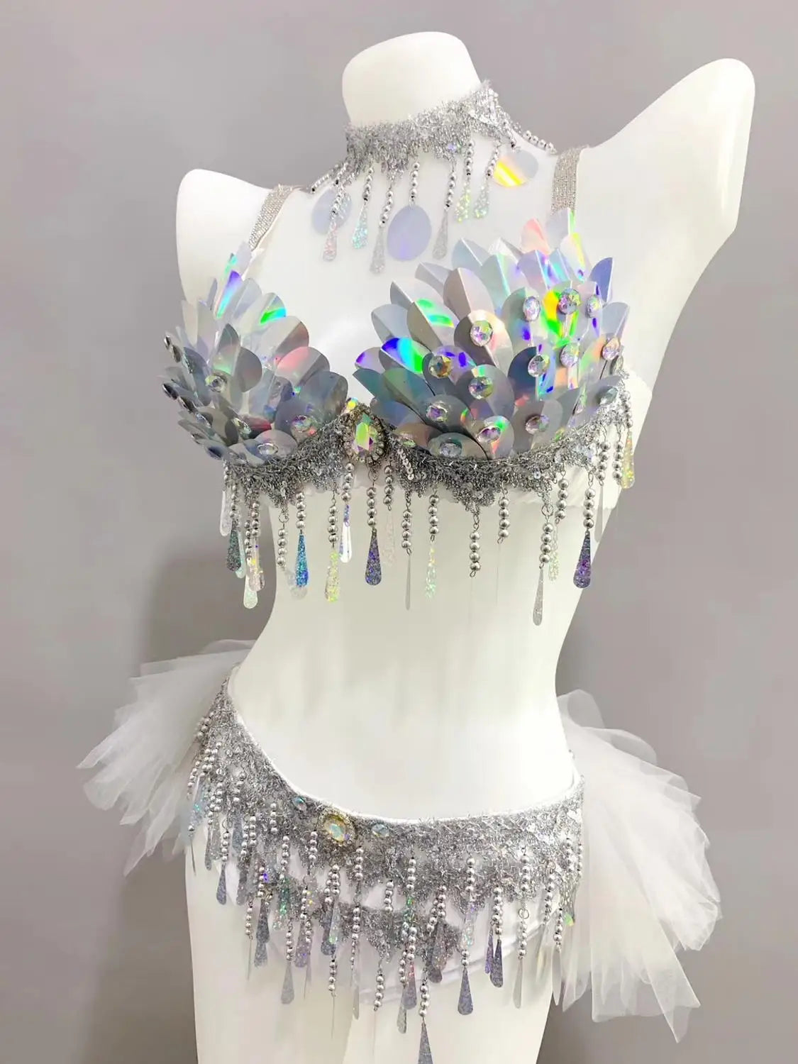 dancers  
Belly Dance Set Dancer Competition Stage Performance Silver Scale Sequins Bikini Rave Outfit Nightclub Bar Party Costume