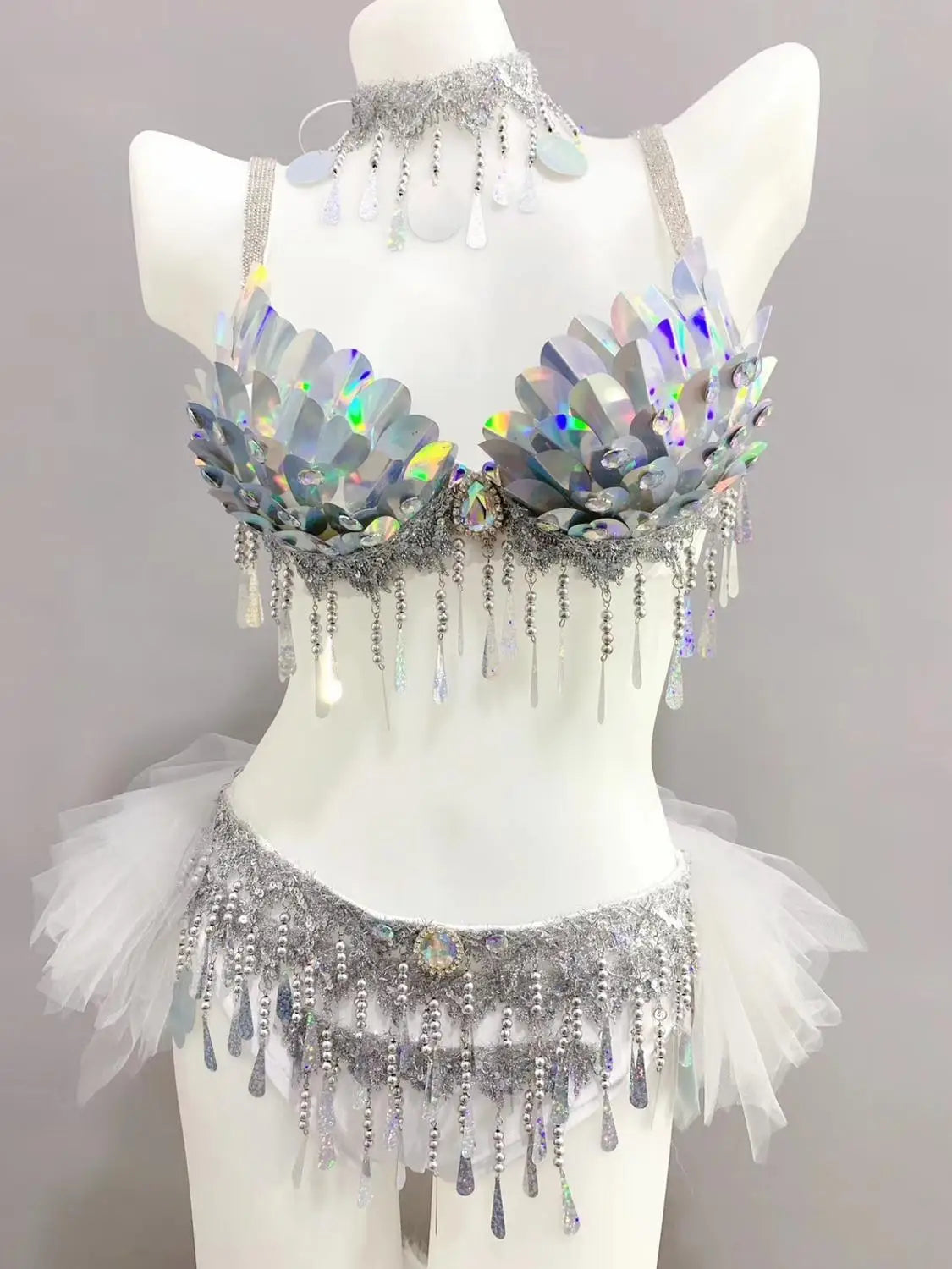 dancers  
Belly Dance Set Dancer Competition Stage Performance Silver Scale Sequins Bikini Rave Outfit Nightclub Bar Party Costume