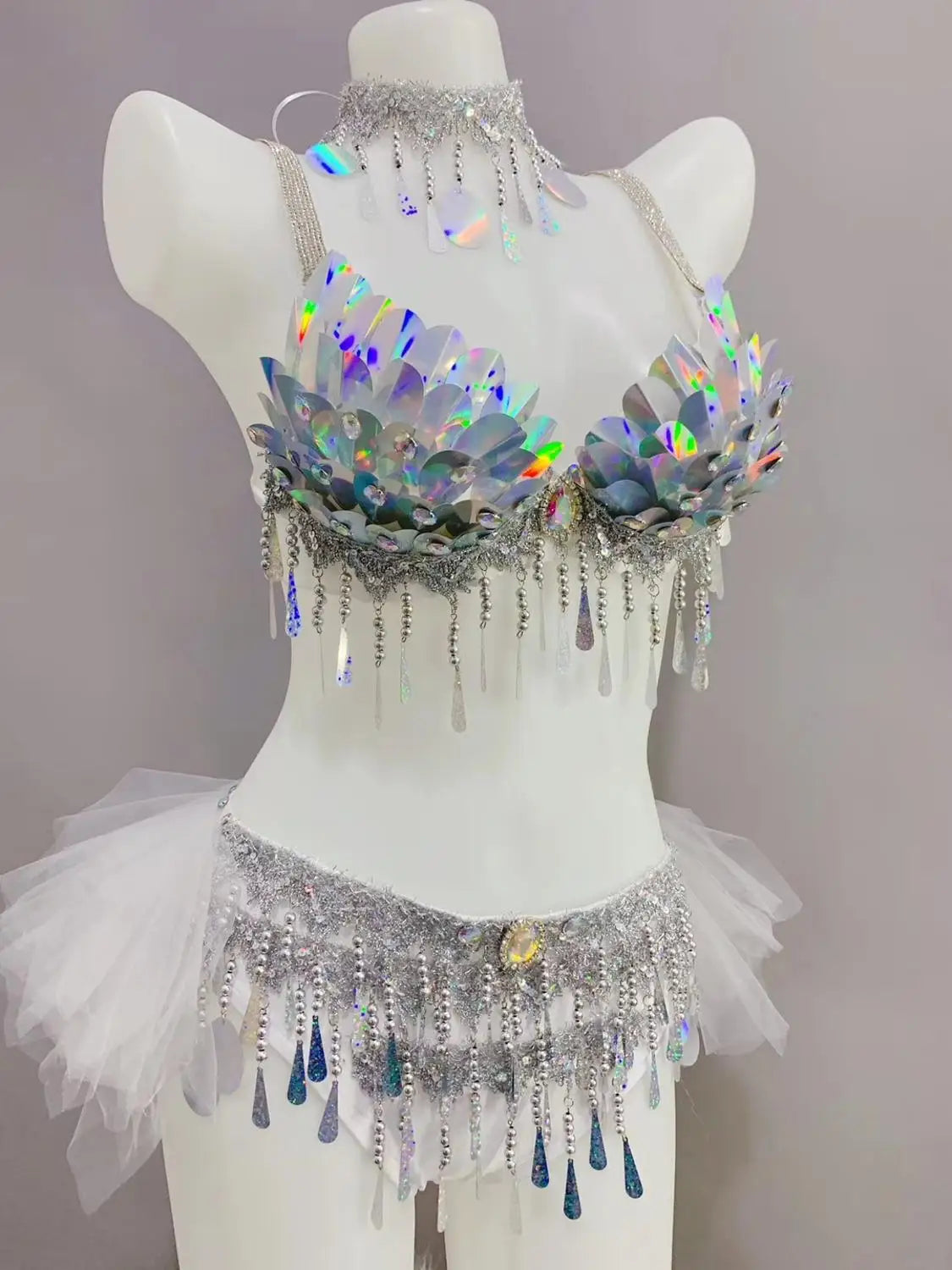 dancers  
Belly Dance Set Dancer Competition Stage Performance Silver Scale Sequins Bikini Rave Outfit Nightclub Bar Party Costume