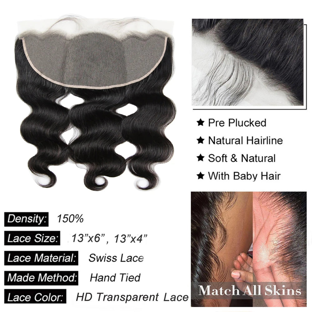 Hair Extensions and Wigs
Body Wave HD Transparent Lace Frontal Only 13x6 PrePlucked Swiss Lace Frontal Brazilian Natural Human Hair 5x5 6x6 Lace Closure