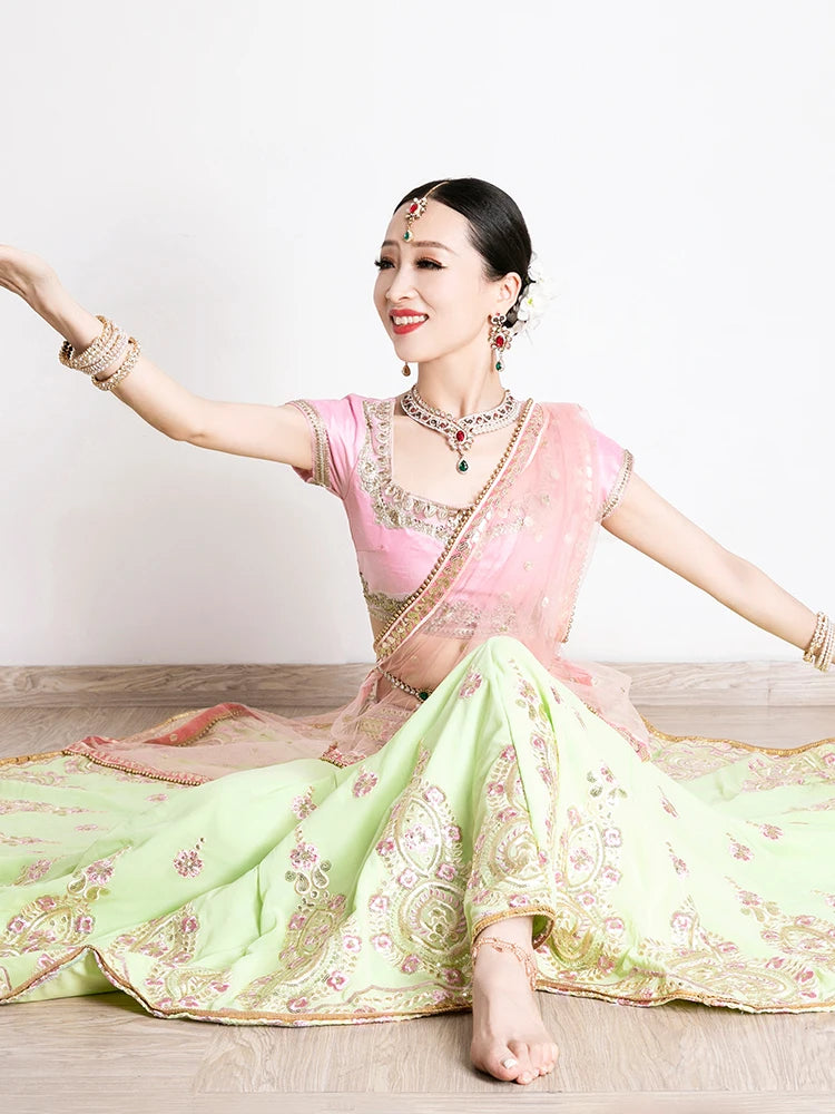 India and Pakistan Clothing 
Indian Traditional Clothing For Women Elegant Short Sleeve Pink Tops Green Skirt Sarees 3 Piece Suit Belly Dance Clothes DQL5876