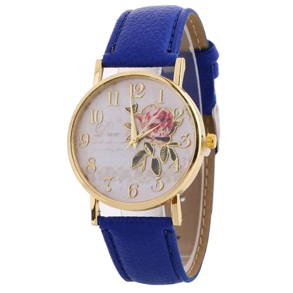 Women Watch Rose Flower Round Dia Watch Women Elegant Watches Faux Leather Band Arabic Number Quartz Wristwatch Montre Femme Christmas Gift