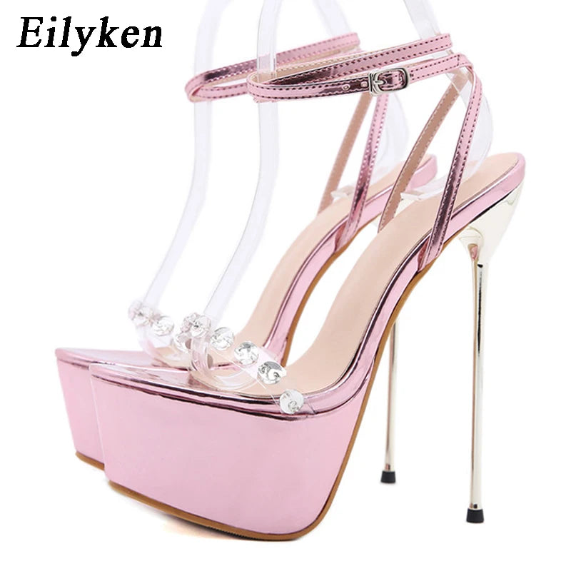 WOMEN SANDALS  Pink Sweet Ankle Buckle Strap Women's Sandals PVC Transparent Crystal Platform Summer Fashion High Heels Wedding Shoes