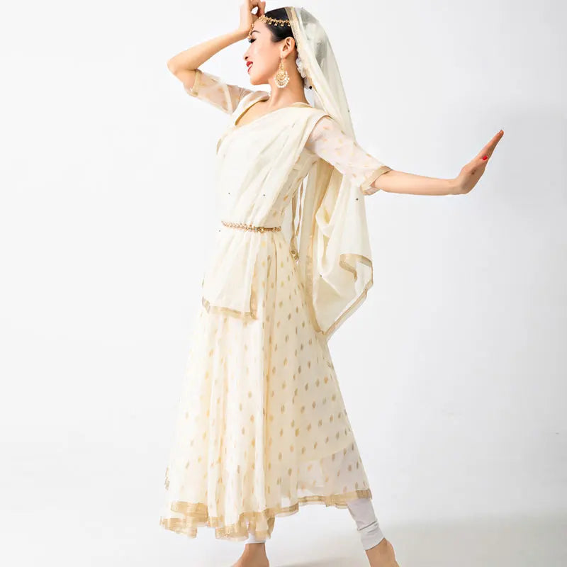 India and Pakistan Clothing 
India Sarees For Woman Anna Dancing Performance Khattak Beige Dress Beautiful Ethnic Style Silk Bronzing India Dress