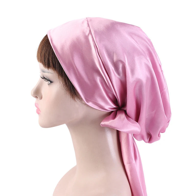 Elegant Look Silk Satin Women Night Cap Bowknot Sleep Hat Chemo Caps Hat Long Tail Hair Care Bonnet Head Scarf Wrap Bandana Cap Adjust