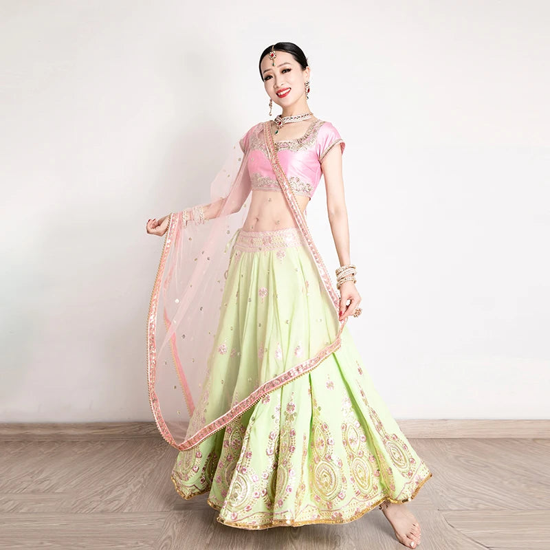 India and Pakistan Clothing 
Indian Traditional Clothing For Women Elegant Short Sleeve Pink Tops Green Skirt Sarees 3 Piece Suit Belly Dance Clothes DQL5876