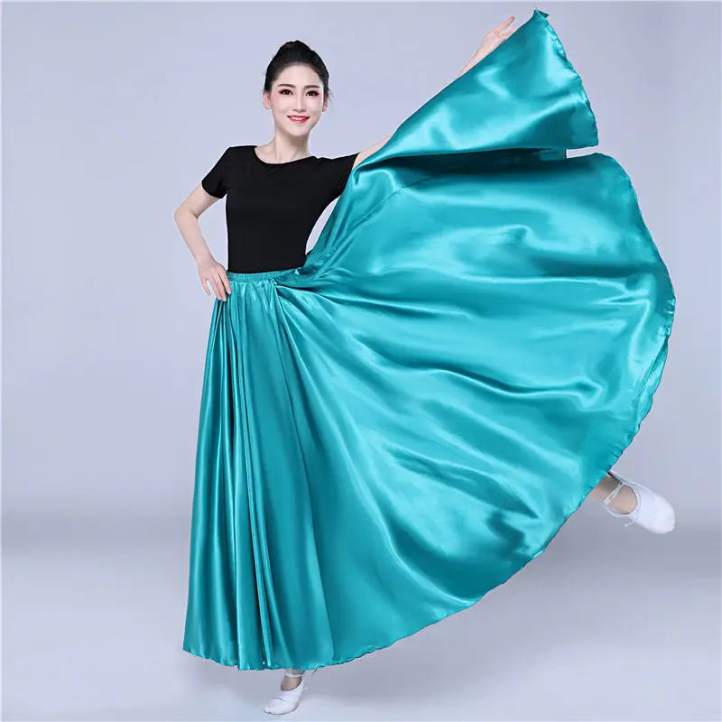 dancers  
360 Degree Satin Skirt Belly Dance Women Gypsy Long Skirts Dancer Practice Wear 15 Colors Assorted Solid Purple Gold Dance Skirt