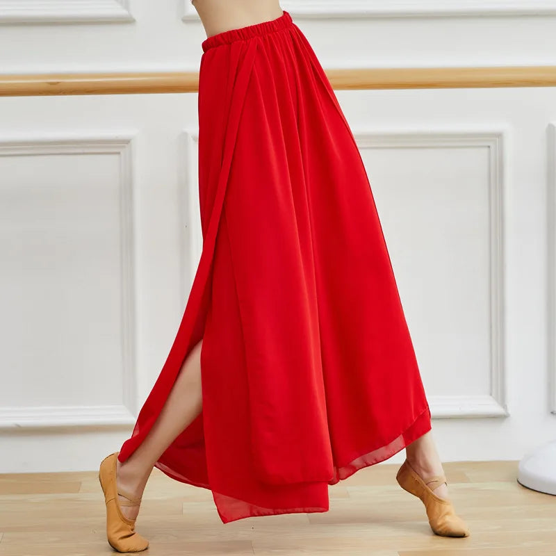 Exotic 
Flowy Classical Dance Pant Loose Two Layers Chiffon Trouser Wide Leg With Side Split Sexy Body Rhyme Outfit Folk Dance Wear Red