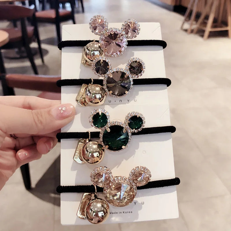 Elegant Look Korea Rhinestone Pearl Hair Accessories Elastic Hair Bands Luxury Colored Crystal Bow Hair Ties Ropes Ponytail Holders Wholesale