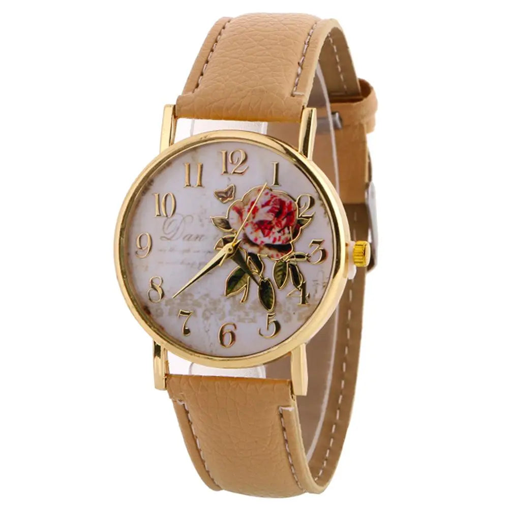 Women Watch Rose Flower Round Dia Watch Women Elegant Watches Faux Leather Band Arabic Number Quartz Wristwatch Montre Femme Christmas Gift