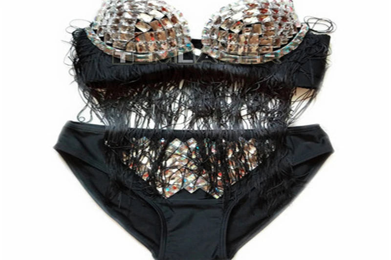 Exotic 
Nightclub Pole Dance Clothing Bikini Rhinestone Mirror Costume Shiny Lens Bra Pant Sexy GOGO Dance Rave Clothes Stage Dress