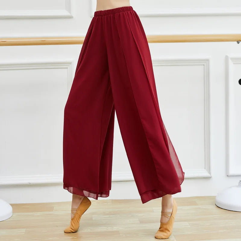 Exotic 
Flowy Classical Dance Pant Loose Two Layers Chiffon Trouser Wide Leg With Side Split Sexy Body Rhyme Outfit Folk Dance Wear Red