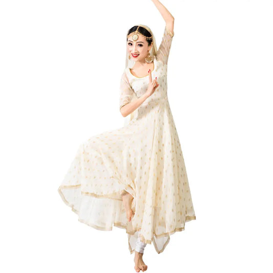 India and Pakistan Clothing 
India Sarees For Woman Anna Dancing Performance Khattak Beige Dress Beautiful Ethnic Style Silk Bronzing India Dress