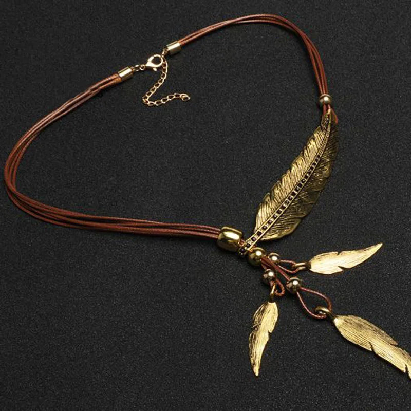 Necklaces Women New Bohemian Style Rope Chain Leaf Feather Pattern Pendant For Women Fine Jewelry Collares Statement Necklace EIG88