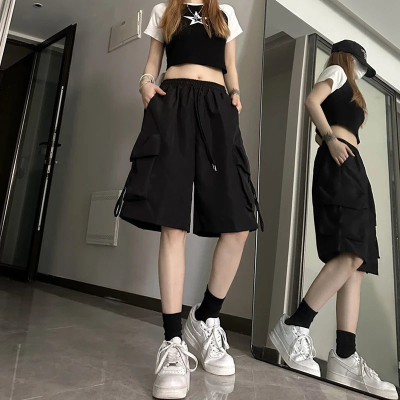 Shorts American Style Streetwear Summer Wide Leg Pants Fashion Female Big Pocket Loose Shorts New