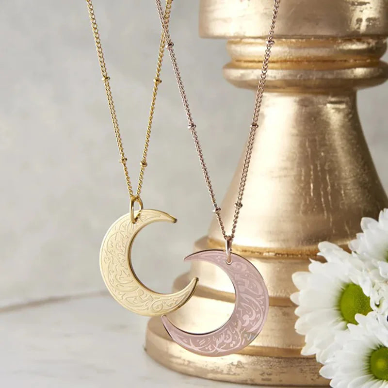 Necklaces Women New ins Stainless Steel Arabic Religious Moon Pendant Necklace For Women Vintage Geometric Moon Necklaces Fashion Jewelry