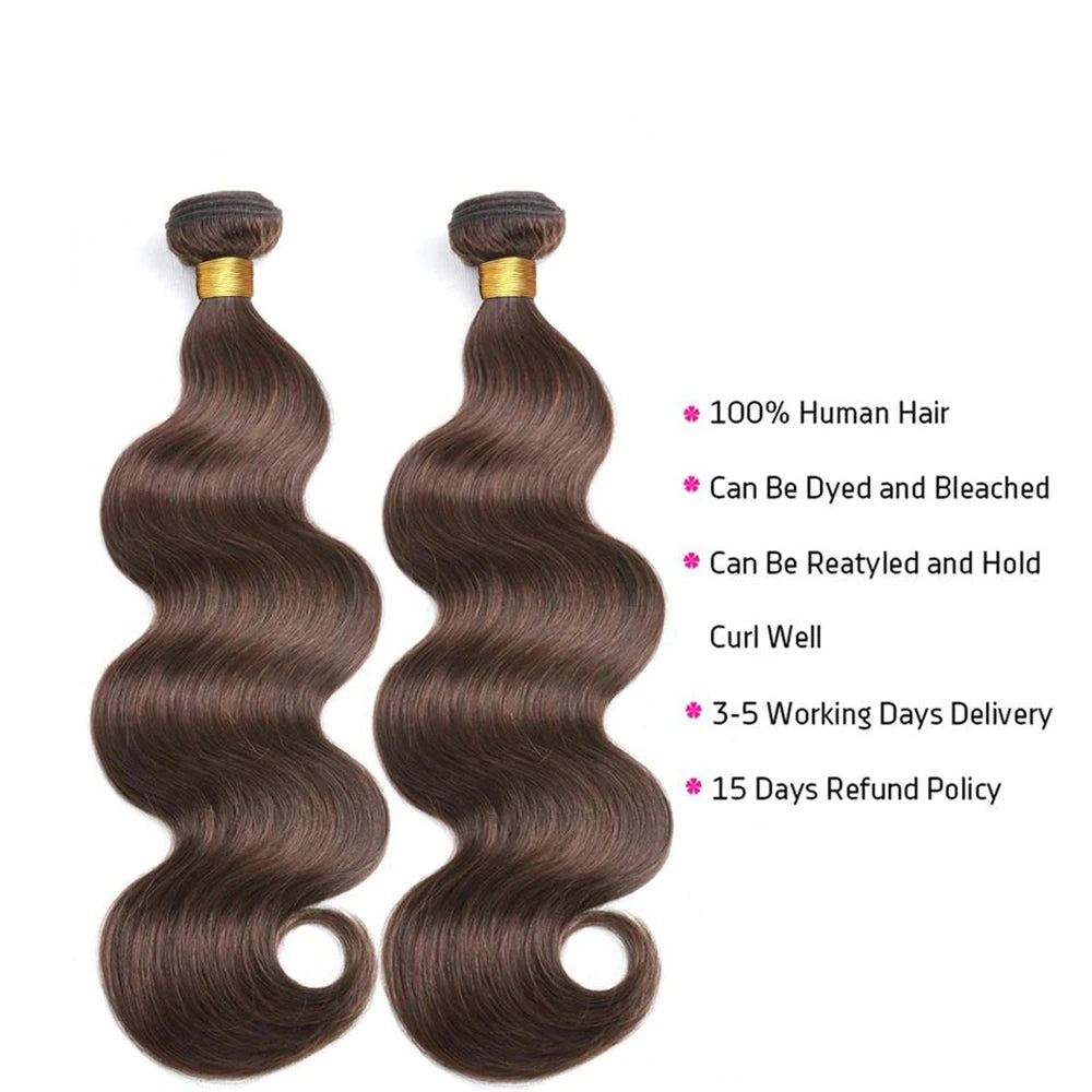 Hair Extensions and Wigs
Chocolate Brown Human Hair Bundles With Closure #4 Colored Human Hair Body Wave Bundles With 13x4 Lace Frontal Closure Extension