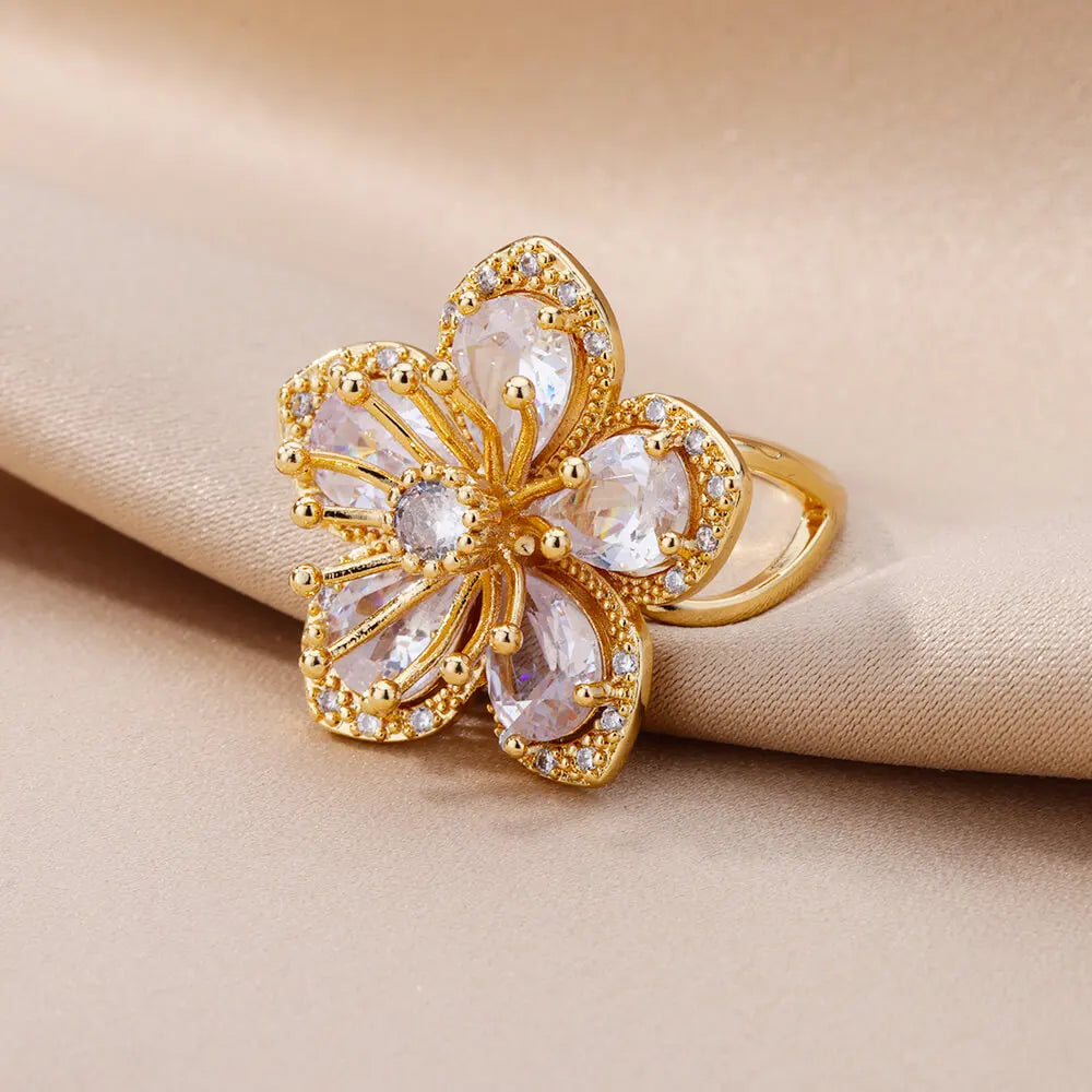 Luxury  Rings Pink Zircon Flower Rings for Women Gold Color Stainless Steel Ring 2024 Trend New in Elegant Luxury Aesthetic Jewelry anillos