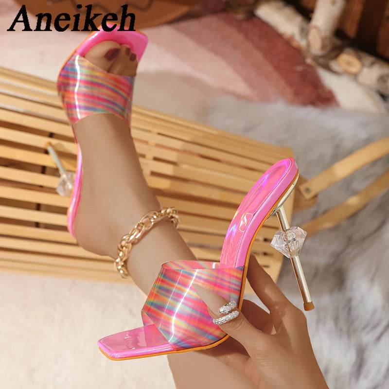 WOMEN SANDALS Aneikeh Gradient Leather PVC Transparent Slippers For Women Sexy Square Toe Strange High Heels Sandals Summer Fashion Party Shoe