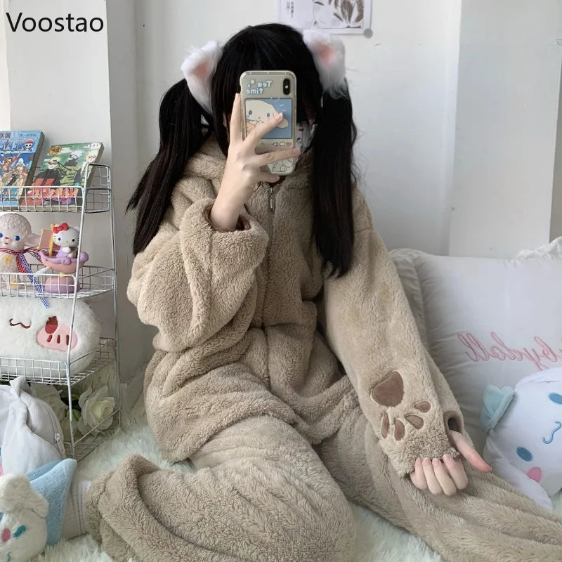 Winter Warm Sleepwear 
Autumn Winter Sweet Lolita Style Pajama Sets Women Kawaii Bear Ear Hooded Coral Fleece Warm Sleepwear Girls Cute Home Nightwear