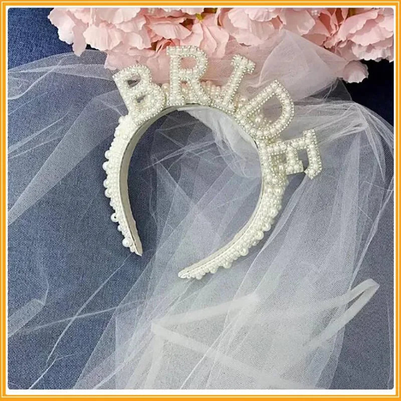 Elegant Look Bride To Be Pearl Crown Headband with Veil Mrs WIFEY Luxury Bridal Hair Accessories Wedding Engagement Dinner Decoration Gift