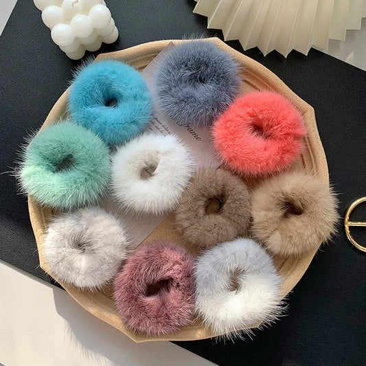 Elegant Look Fashion Hair Rope Real Mink Fur Elastic Bands Woman Luxury Genuine Rubber Band Hair Ring Accessories Fur Fluffy Hair Ties Girls