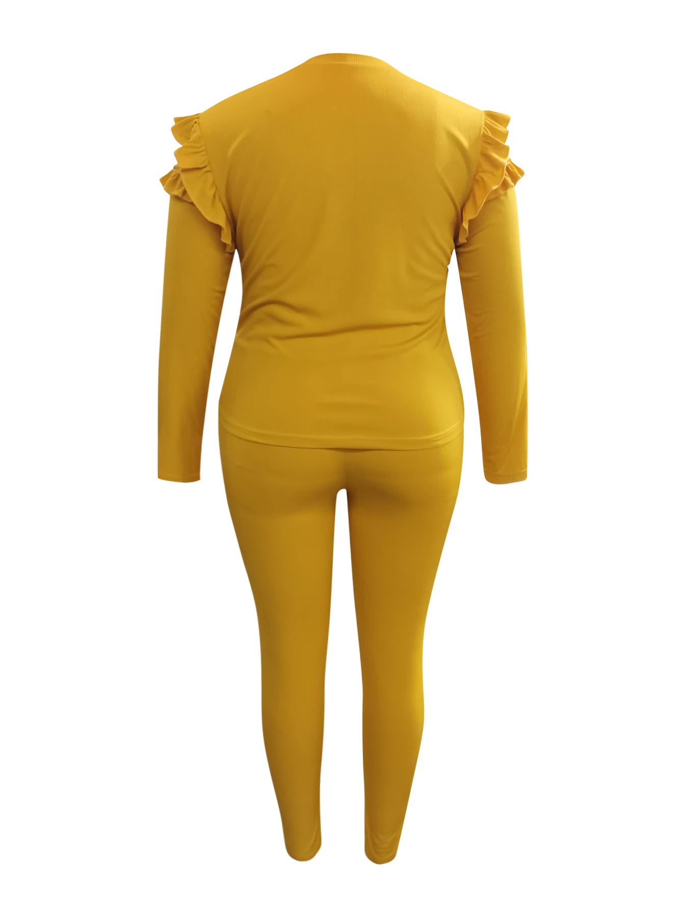 Plus Size 4XL 5XL LW  Trendy V Neck Striped Yellow Two-piece Pants Set Spring Women Basic Plain Ruffles Female Matching Suit