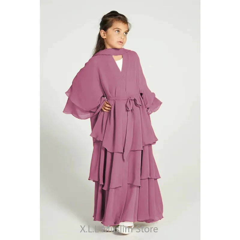 Chiffon Muslim Abaya Kids Abaya Girls Islamic Dresses Prayer Clothing For Children Musulmane Ramadan Kebaya Robe Without Hijab