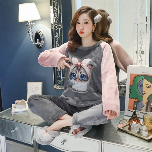 Winter Warm Sleepwear 
Flannel Pyjamas Women's Autumn Winter Cute Loose-fit Thickened Warm Coral Velvet Suit Homewear Pajama Sets