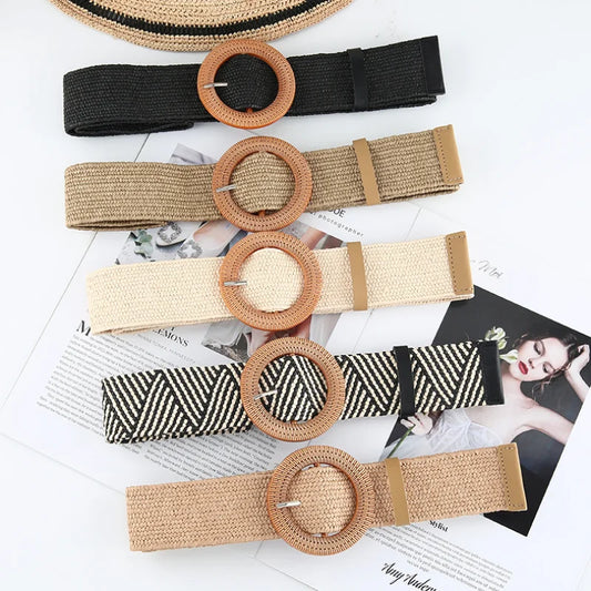 Belts Korean Fashion Women Grass-like Belts Woven Wide Simple Round Button Belt Cotton Linen Elastic Woven High Elastic Dress Belt