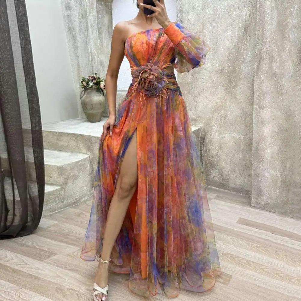 Formal Evening Dress Large Flower Embellished Evening Dress Doule-layered Tie-dye Flower Print Rose Mesh Bubble Sleeve Dress