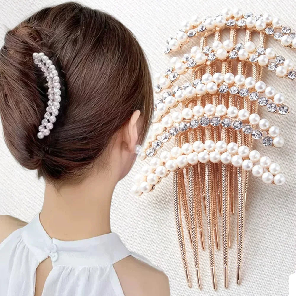 Elegant Look Pearl Hair Combs Hairpin Women Luxury Crystal Bun Decor Wedding Bridal Hair Claw Clips Hair Jewelry Accessories