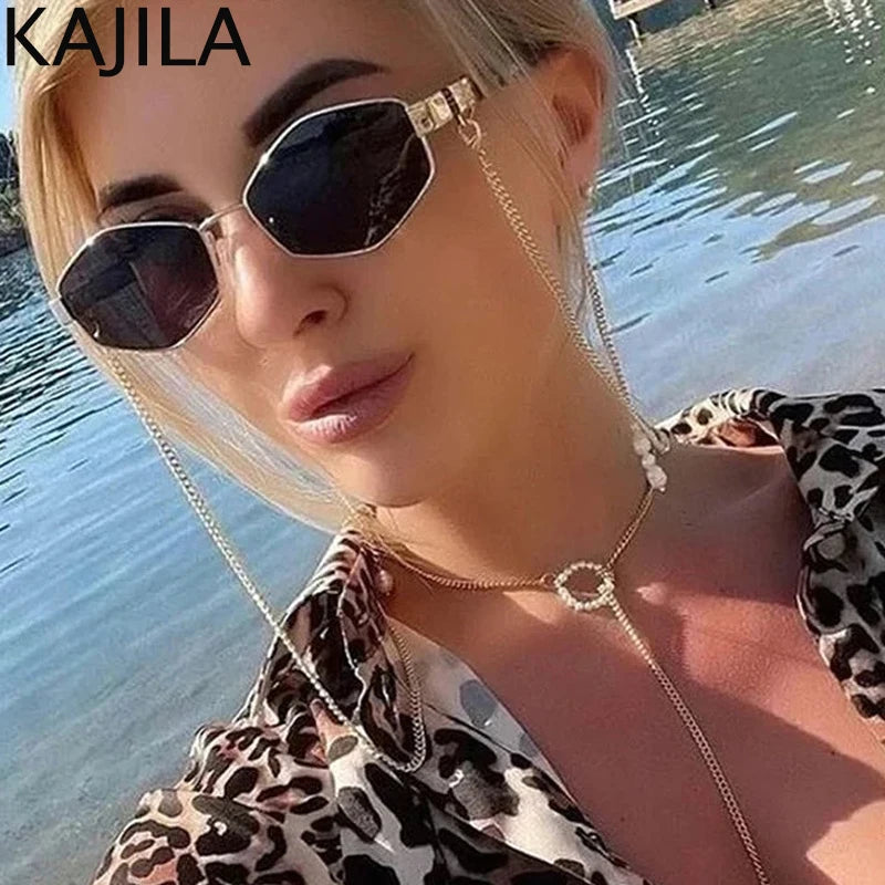 Women's Sunglasses Sexy Small Frame Hexagon Sunglasses Women With Chain 2024 Luxury Brand Designer Punk Sun Glasses For Ladies Shades Gafas De Sol