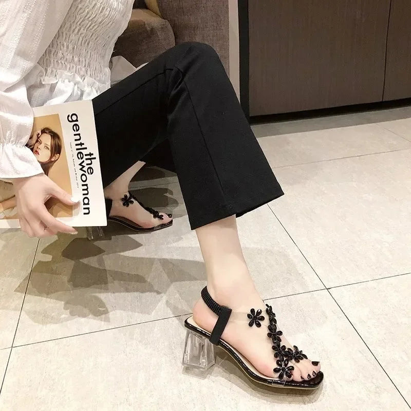 WOMEN SANDALS Women Sandals 2024 Summer Pvc Crystal Flower Chunky Heel Peep Toe Back Strap Elastic Elegant Fashion Shoes Ladies Zapatos