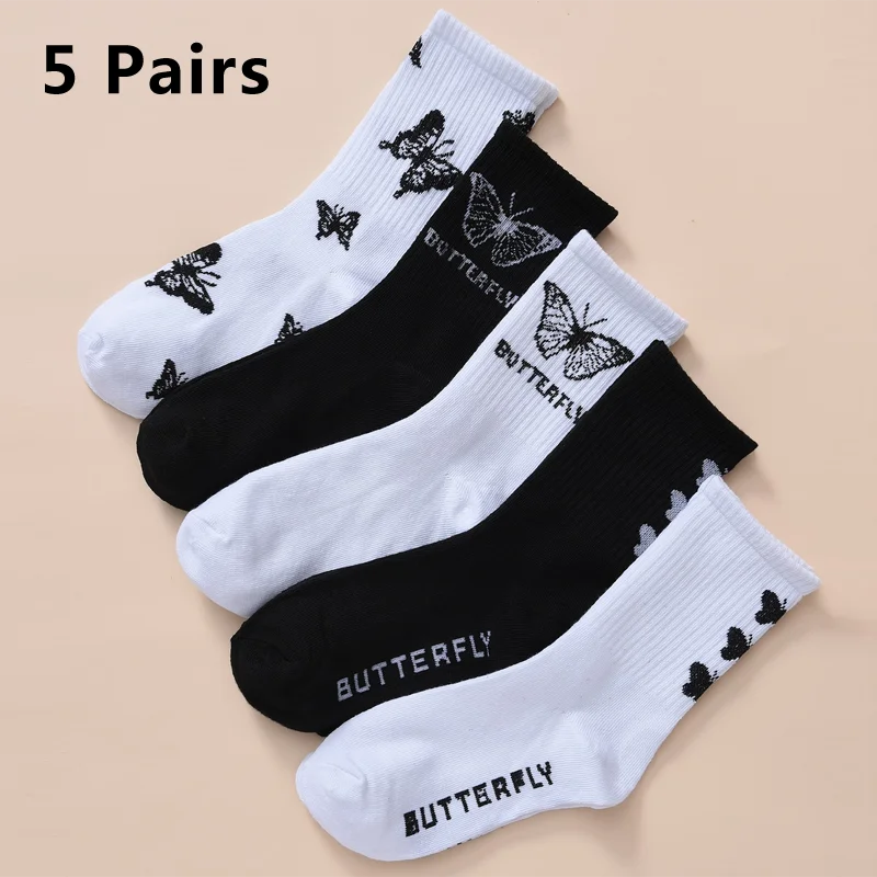 Stockings 
5 Pairs of Women's Mid Length Stockings Set in Black And White With Butterfly Pattern Popular and Versatile Sweat Absorption