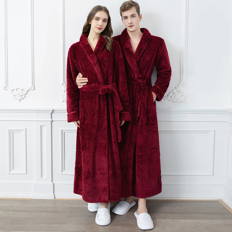 Winter Warm Sleepwear 
Women Extra Long Thermal Jacquard Flannel Bathrobe Winter Warm Plus Size Zipper Bath Robe Pregnant Dressing Gown Men Sleepwear