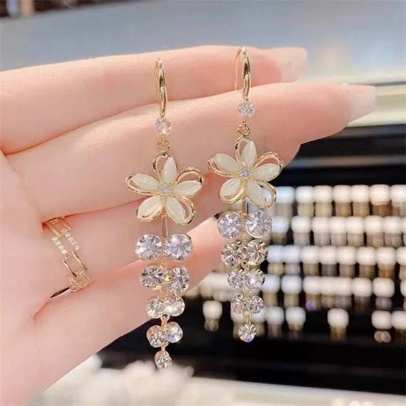 Earring  Luxury Crystal Flower Tassel Drop Earrings for Women Shiny Zircon Opal Long Dangle Earrings Girls Party Wedding Jewelry Gift