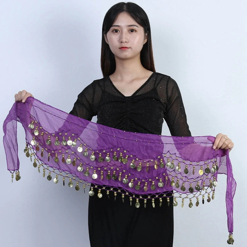 dancers  
Sexy Women Belly Dance Chiffon Skirt Gold Sequins Waist Chain Tassel Belts Clubwear Indian Dance Practice Performance Hip  Scarf