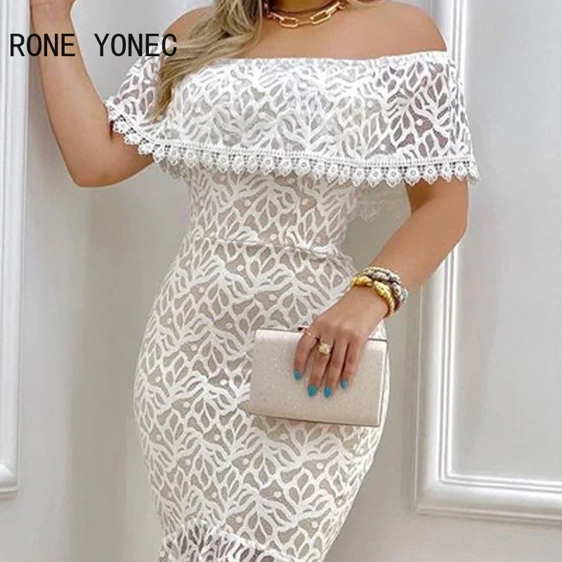 Knitted-Dress Women Solid Chic Off Shoulder Ruffle Hem Lace Hem Bodycon Sexy Formal Party Dress