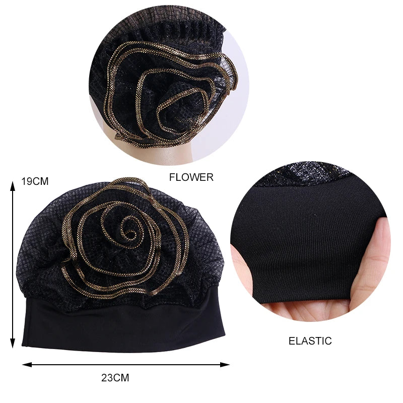 Elegant Look New Women Flower Muslim Stretch Shinny Turban Hair Loss Chemo Hat Bandanas Inner Cap Ninja Cancer Bonnet Head Wrap Beanie Caps