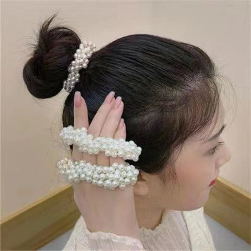 Elegant Look Girls Scrunchies Luxury Big Elegant White Pearl Hair Ties Beads Rubber Bands Ponytail Holders Hair Accessories Elastic Hair Band