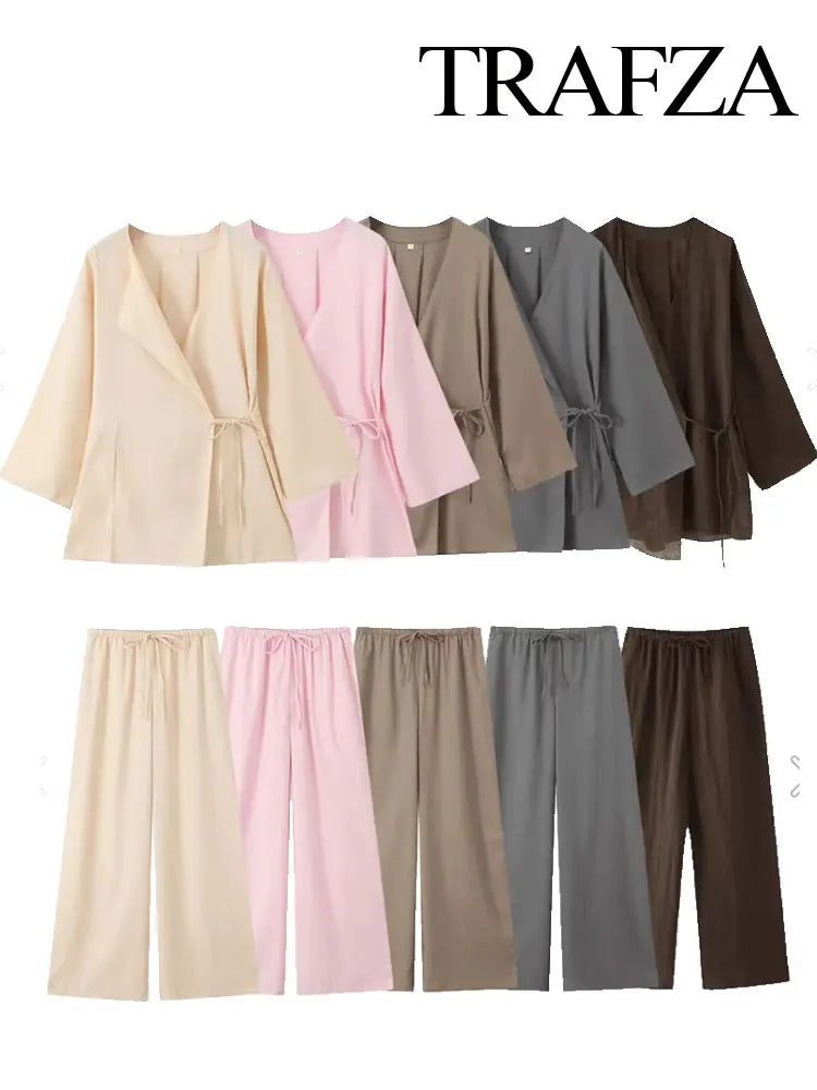 Pant-Sets Summer Fashion Linen Solid Color Shirt Set Belted Cardigan Kimono Top + High Waist Women's Pleated Pants 2-piece