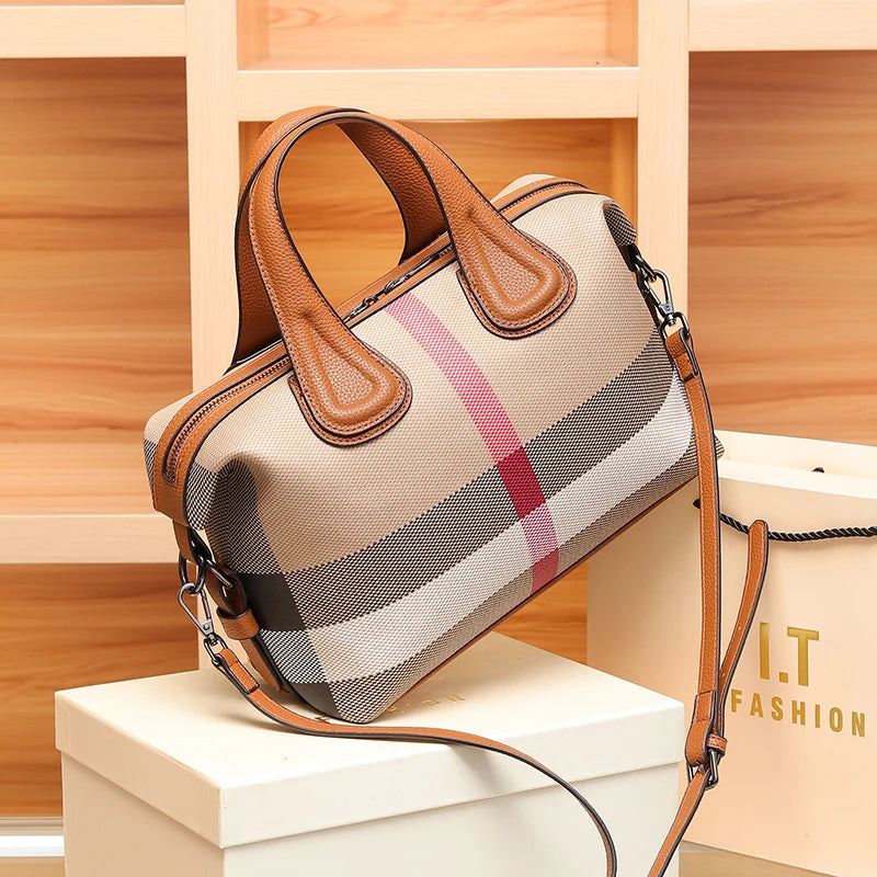 Handbags Lady Boston Handbags Luxury Fashion Plaid Canvas Women Messenger Shoulder Bags Brand Designer Portable Crossbody Bag Purses